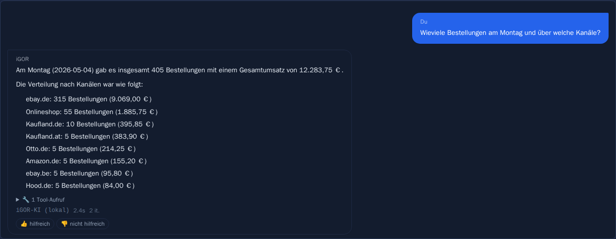 iGOR-Chat beantwortet eine Frage zu den gestrigen Bestellungen je Kanal, mit Hinweis auf einen Tool-Aufruf und das lokale KI-Modell